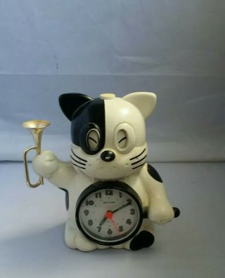 Vintage Rhythm Japan Clock Black White Cat W/ Bugle Very Rare