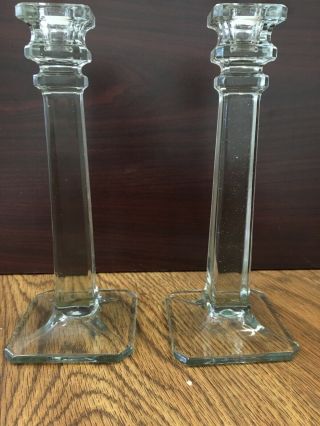 Vintage Art Deco Glass Candel Stick Holders.  Clear Glass 9.  5” Rare Square Design