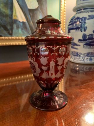 Rare Antique 1800s Bohemian Ruby Red Cut To Clear Covered Goblet Jar With Lid