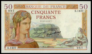 France 50 Francs Ceres 25 - 4 - 1935 Wonderful Banknote Only 1 Pin Holes Rare