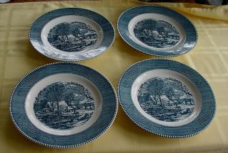 Royal China Currier & Ives 9 " Lunch Plates Set 4 Grist Mill Scene Rare Find Blue