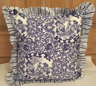 Vintage Rare Ralph Lauren Tamarind Porcelain Blue Striped Ruffled Feather Pillow
