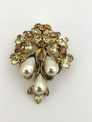 Huge Rare Vintage Brooch Pin Signed Vendome Faux Pearl Rhinestone Jewelry 