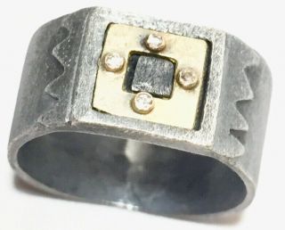 One Of A Kind Rare Signed Modernist Brutalist Sterling Silver 4 Czs Size 7 Ring