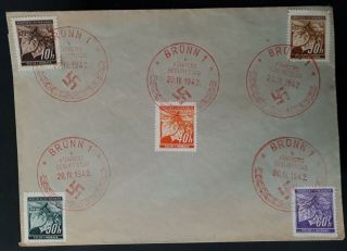 Rare 1942 Czechoslovakia (bohemia Moravia) Cover Ties 5 Stamps Fuhrers Bday Cds