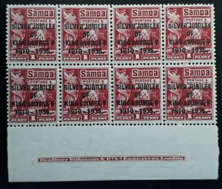 Rare 1935 Samoa Imprint Block Of 8 X 1d Carmine Jubilee Of Kgv Stamps Muh
