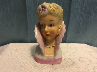Vintage Lady Head Vase / Planter Blonde With Stand Up Collar Rare