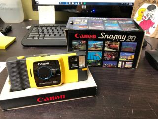 Rare Vintage Yellow Canon Snappy 20 35mm Film Camera With Strap And Box