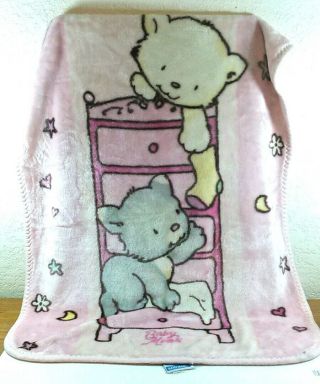 Vintage Baby Mink Kittens Pink Baby Blanket Crib Fleece Rare 30x40 B267
