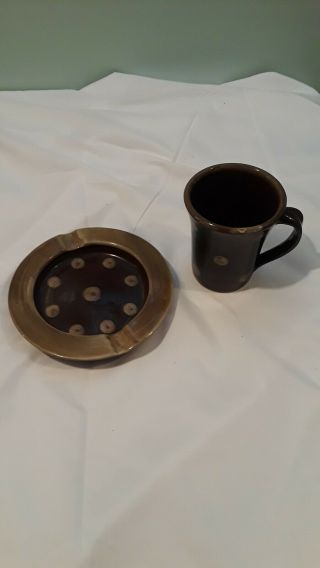 Ma Hadley Pottery Brown Fleck Flared Mug And Ashtray,  Vintage,  Rare