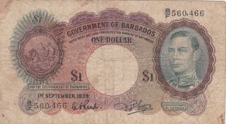 1 Dollar Vg - Fine Banknote From British Barbados 1939 Pick - 2 Very Rare