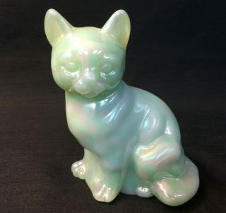 Vintage Fenton Rare Color Green Iridescent Glass Cat Kitten Figurine