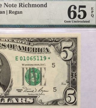 1981 $5 Richmond Star ⭐️ Frn,  Pmg Gem Uncirculated 65 Epq Rare Banknote
