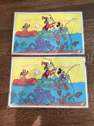 Rare 2 Vintage Pepsi Disney Pluto Mickey Goofy Fishing Laminated Placemat 1978
