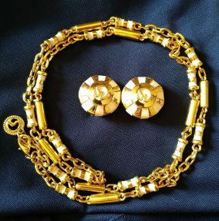 Vintage St.  John Necklace Clip On Earrings Set Beige Enamel Gold Tone Rare