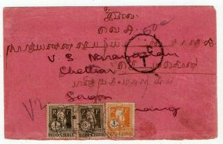 1927 India To Indo - China Taxed Cover,  Rare Postage Due Stamps,  Rarity