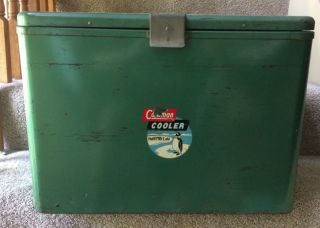 Rare Vintage Coleman Cooler Model ? Green Metal Penguin Decal W/ Drain & Handles