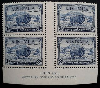 Rare 1934 - Australia Ash Imp Blk 4x 3d Blue John Macarthur Cent Stamps