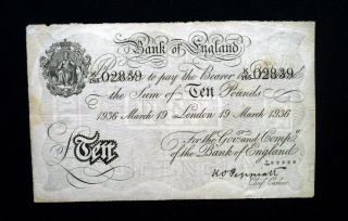 1936 England Great Britain Rare Banknote 10 Pounds Xf