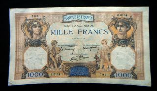 1939 France Extra Large Rare Banknote 1000 Francs Xf