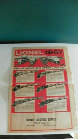Lionel 1957 Rare Pulp 4 Page Poster 17 X 22 Inches Broad Electric Supply C - 8