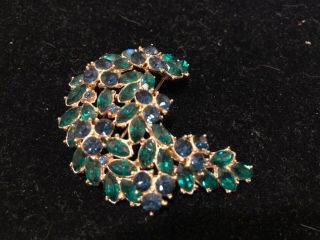 Designer Signed Crown Trifari Green Blue Rhinestone Brooch Pin Rare Collectable