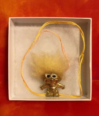 Rare Vintage Gold Tone Metal 1 " Troll Doll Necklace With Jiggly/googly Eyes