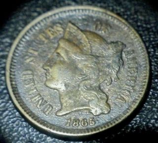 Rare Au - Ms 1865 3 Cent Nickel 3c Piece " Trime " Old Type Coin