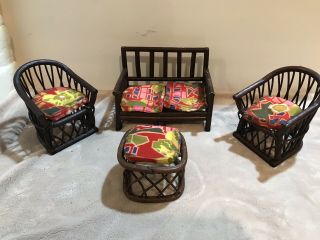 Vintage Barbie Or Doll Wicker Rattan Patio Furniture With Cushions - Rare - Htf