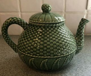 Rare Bordallo Pinheiro Green Basketweave Teapot Vintage - Made In Portugal