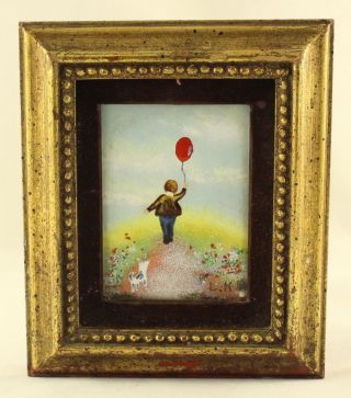 Rare Enamel On Copper Painting Boy With Balloon Artist Signed L K.  Gold Frame