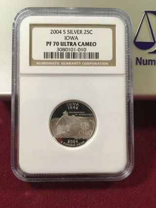 Rare 2004 S Sliver 25c Iowa Pf 70 Ultra Cameo Ngc Graded Coin.