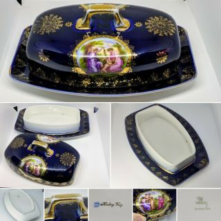 Rare Vintage Czech Tk Thun Porcelain China Karlovy Blue Gold Women Butter Dish