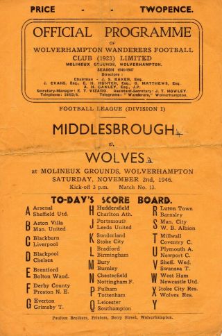 Rare Wolverhampton Wanderers Wolves V Middlesbrough Prog 2/11/46 League 1946/47