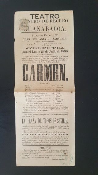 Rare & Colonial Spain 1886 Theatre Spanish Playbill Carmen,  Poster