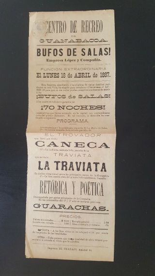 Rare & Colonial Spain 1887 Theatre Spanish Playbill La Traviata,  Poster