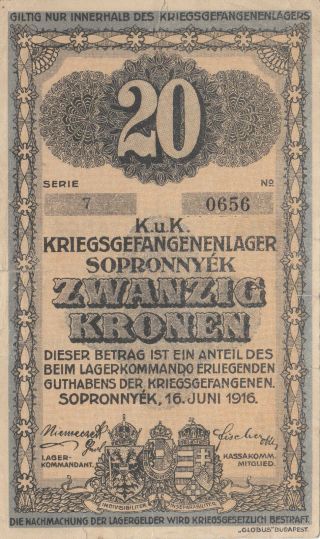 20 Korona/kronen Fine - P.  O.  W.  Camp Note From Austro - Hungarian Monarchy 1916 Rare