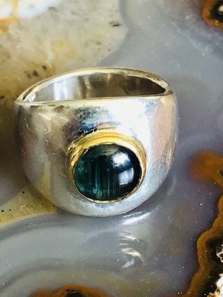 RARE Karl Lee Green Sapphire Ring Sterling Silver 22k Gold Studio Artisan Signed 4