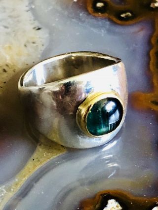 RARE Karl Lee Green Sapphire Ring Sterling Silver 22k Gold Studio Artisan Signed 6
