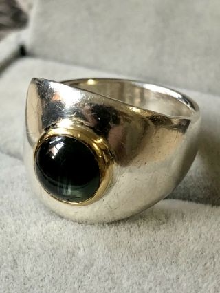 RARE Karl Lee Green Sapphire Ring Sterling Silver 22k Gold Studio Artisan Signed 8