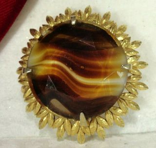 Vtg Sphinx " Rare " Large Round Brown Striped Art Glass Brooch Pin