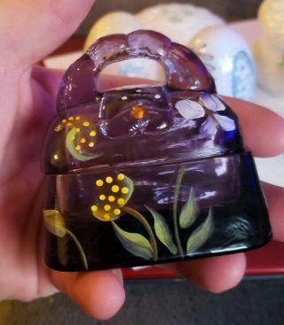 Vintage Fenton Hand Painted Amethyst Glass Purse Trinket Box Signed C.  Smith Rare