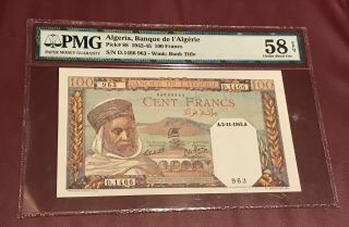 Algeria Algerie 100 Francs French Colony 1942 Pmg 58 Pick 88 About Unc Rare