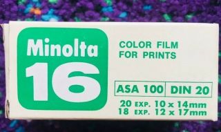 Minolta 16 Asa 100 Din 20 Color Film Cartridge For Prints - Rare Nos
