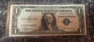 Rare $1 Silver Certificate 999 Fancy Unique Serial Number Hard To Find