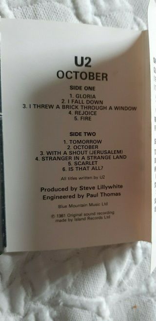 U2 Irish press October Cassette Tape VERY RARE label CBS 40 - 85369 Bono U - 2 5