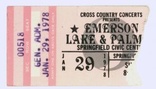 Rare Emerson Lake & Palmer 1/29/78 Springfield Ma Civic Center Ticket Stub Elp