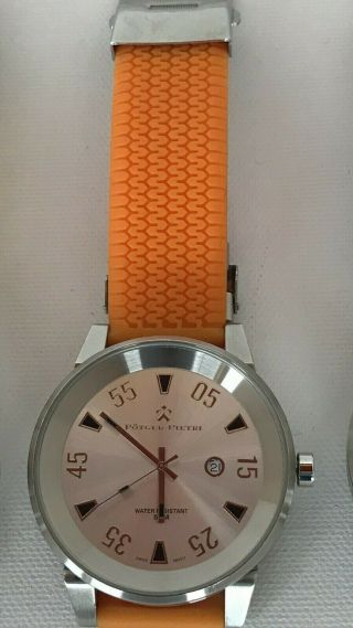Swiss Made Men’s/unisex Watch Silver Case With Orange Band - Rare