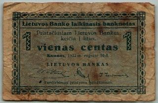 Very Rare Lithuania 1 Centas 1922 Temporary Banknote