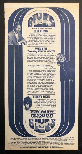 Fillmore East Bb King Johnny Winter Blues Night Handbill Flyer Jan 1970 Rare